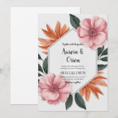 ピンクお洒落とオレンジのフローラ結婚 招待状 (正面/裏面)