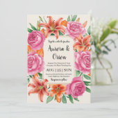 ピンクお洒落とオレンジのフローラ結婚 招待状 (スタンド正面)