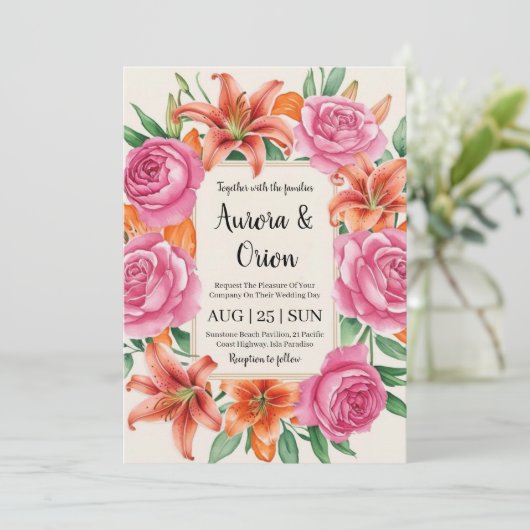 ピンクお洒落とオレンジのフローラ結婚 招待状 (スタンド正面)