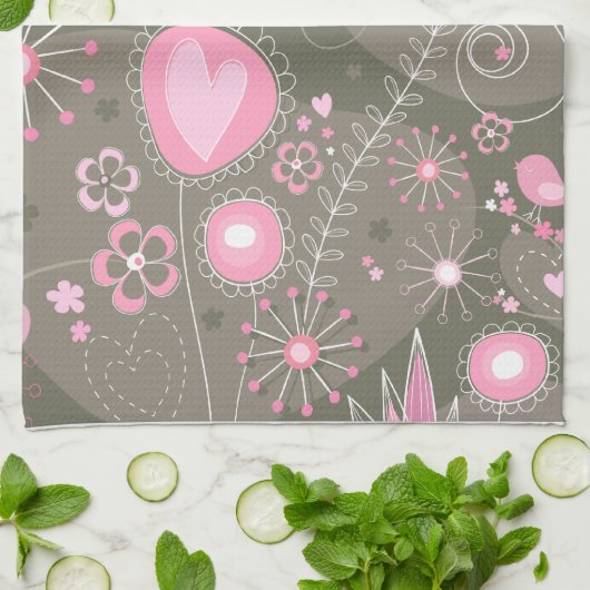 ピンクお洒落とグレーのハート、鳥と花 キッチンタオル (折り畳み)
