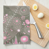 ピンクお洒落とグレーのハート、鳥と花 キッチンタオル (四つ折り)