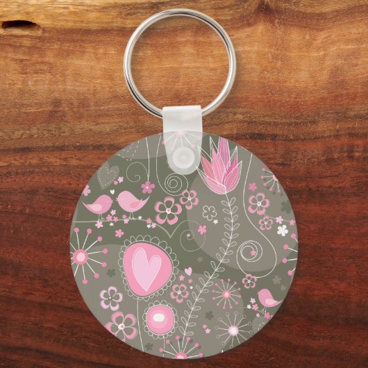 ピンクお洒落とグレーのハート、鳥と花 キーホルダー (正面)