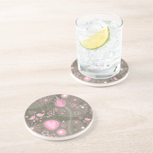 ピンクお洒落とグレーのハート、鳥と花 コースター (側面)
