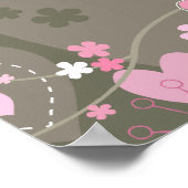 ピンクお洒落とグレーのハート、鳥と花 ポスター (角)