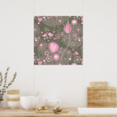 ピンクお洒落とグレーのハート、鳥と花 ポスター (キッチン)