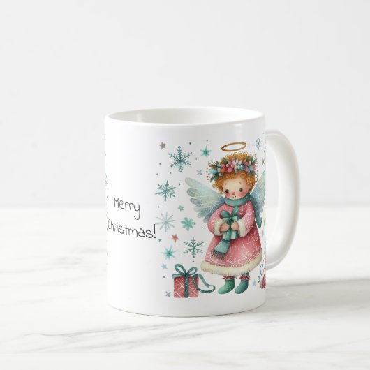 ピンクお洒落とブルーのクリスマスエンジェル コーヒーマグカップ (正面右)
