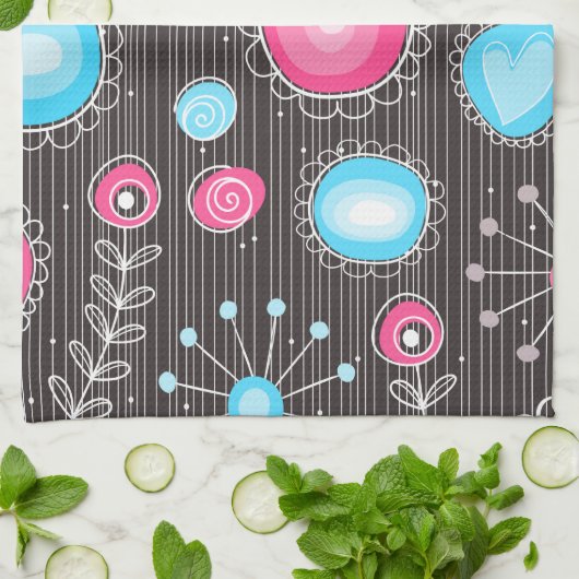 ピンクお洒落とブルーのハートと花フローラ キッチンタオル (折り畳み)