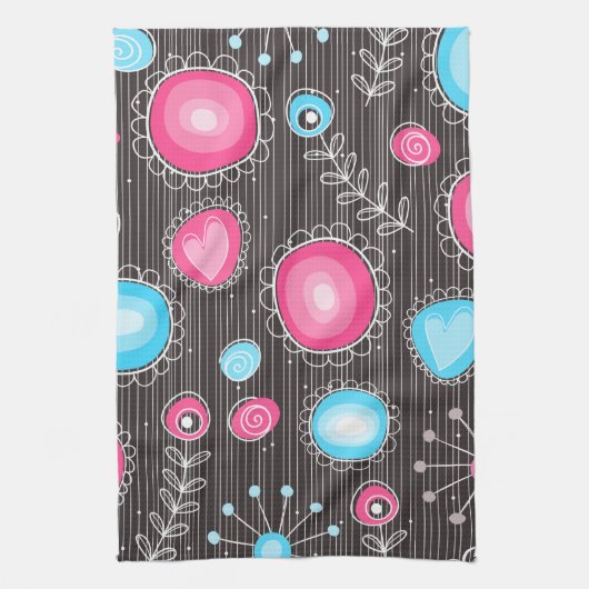 ピンクお洒落とブルーのハートと花フローラ キッチンタオル (縦)