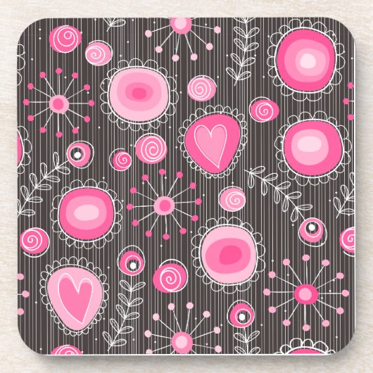 ピンクお洒落とブルーのハートと花フローラ コースター (正面)