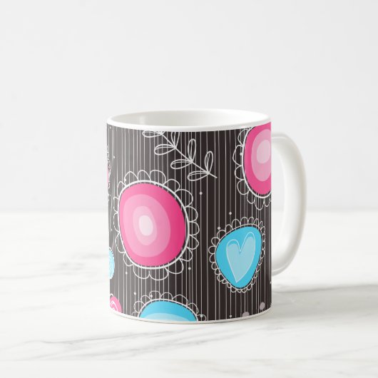 ピンクお洒落とブルーのハートと花フローラ コーヒーマグカップ (正面右)