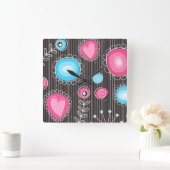 ピンクお洒落とブルーのハートと花フローラ スクエア壁時計 (ホーム)