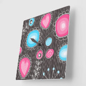 ピンクお洒落とブルーのハートと花フローラ スクエア壁時計 (傾斜)