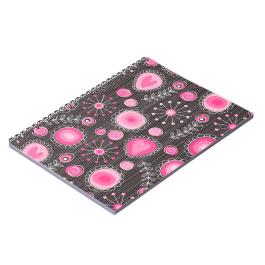 ピンクお洒落とブルーのハートと花フローラ ノートブック (左側)