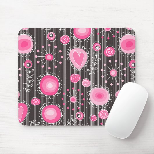 ピンクお洒落とブルーのハートと花フローラ マウスパッド (マウス)