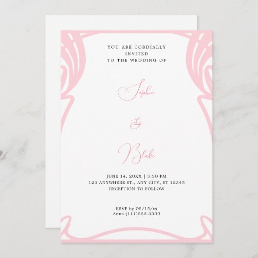 ピンクお洒落と白のアールデコ結婚の 招待状 (正面/裏面)