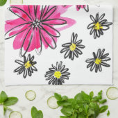 ピンクお洒落と白の花 キッチンタオル (折り畳み)