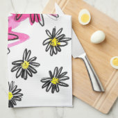 ピンクお洒落と白の花 キッチンタオル (四つ折り)