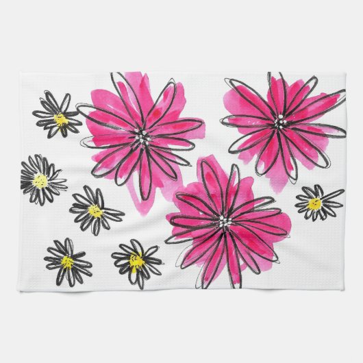 ピンクお洒落と白の花 キッチンタオル (横)