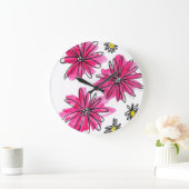 ピンクお洒落と白の花 ラージ壁時計 (ホーム)