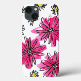 ピンクお洒落と白の花 iPhone 13ケース