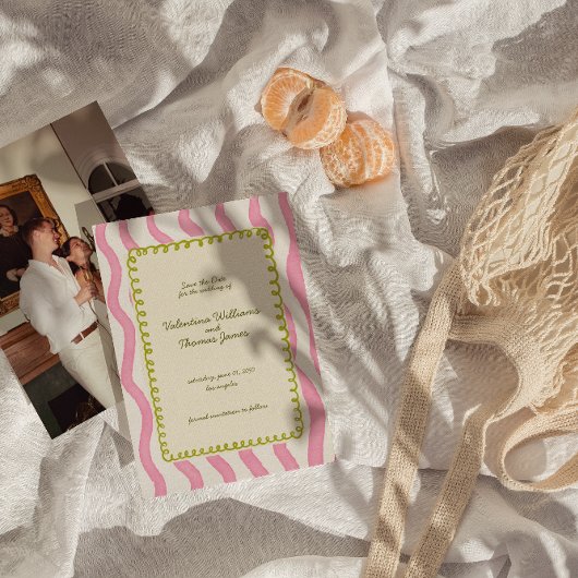 ピンクお洒落と緑の結婚式の日付を保存 招待状