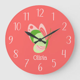 ピンクお洒落と緑の蝶 ラージ壁時計