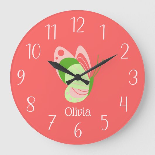 ピンクお洒落と緑の蝶 ラージ壁時計 (正面)