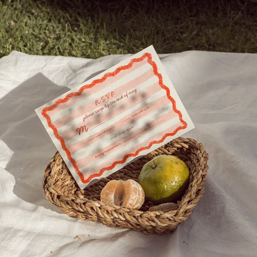 ピンクお洒落と赤のウェディングRSVPカード 出欠カード