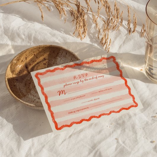 ピンクお洒落と赤のウェディングRSVPカード 出欠カード