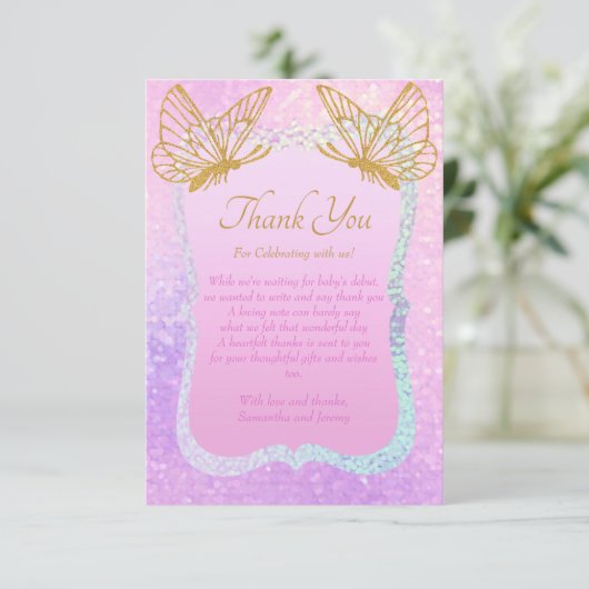 ピンクお洒落と金ゴールドの赤ちゃんシャワー サンキューカード (スタンド正面)