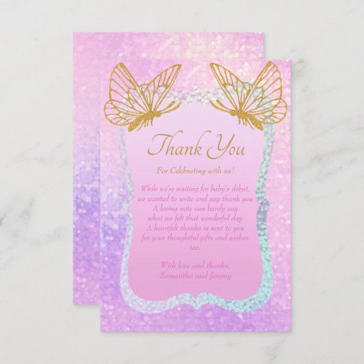 ピンクお洒落と金ゴールドの赤ちゃんシャワー サンキューカード (正面/裏面)