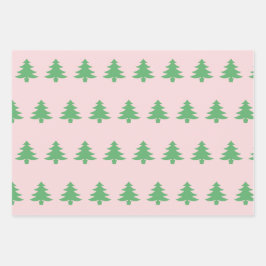 ピンクお洒落に緑のクリスマス淡い色のの木 ラッピングペーパーシート