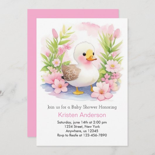 ピンクお洒落のアヒルの水色の女の子ベビーシャワー 招待状 (正面/裏面)
