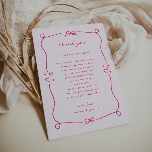 ピンクお洒落のウェディングレセプションテーブルサンキュー サンキューカード