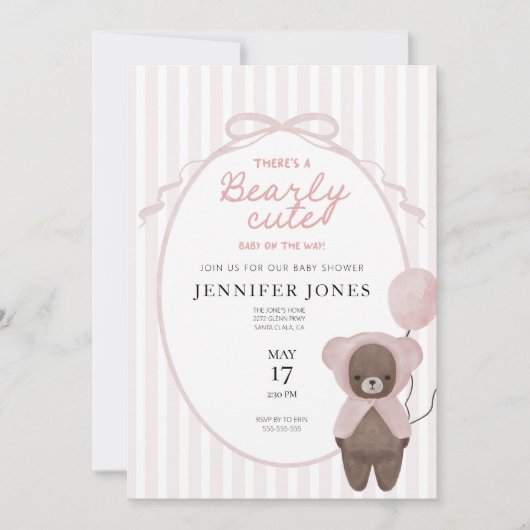 ピンクお洒落のテディベアの赤ちゃんシャワー招待状 招待状 (正面)
