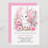 ピンクお洒落のバニーウッドランドガールベビーシャワー 招待状 (正面/裏面)