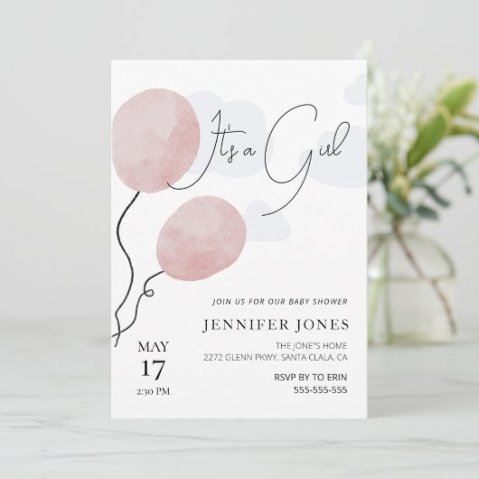 ピンクお洒落のバルーン女の子 招待状 (スタンド正面)