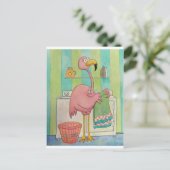 ピンクお洒落のフラミンゴが洗濯が可愛い ポストカード (スタンド正面)