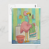 ピンクお洒落のフラミンゴが洗濯が可愛い ポストカード (正面/裏面)