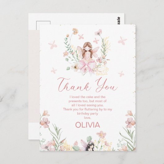 ピンクお洒落のフローラ妖精ファースト誕生日カード ポストカード (正面/裏面)