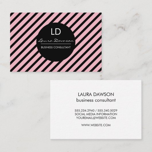 ピンクお洒落のモノグラムの円とストライプ 名刺 (正面/裏面)