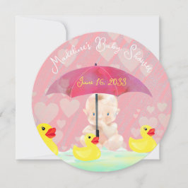 ピンクお洒落のヴィンテージ傘の丸い赤ちゃんシャワー 招待状