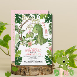 ピンクお洒落の弓ガール恐竜の赤ちゃんシャワー 招待状