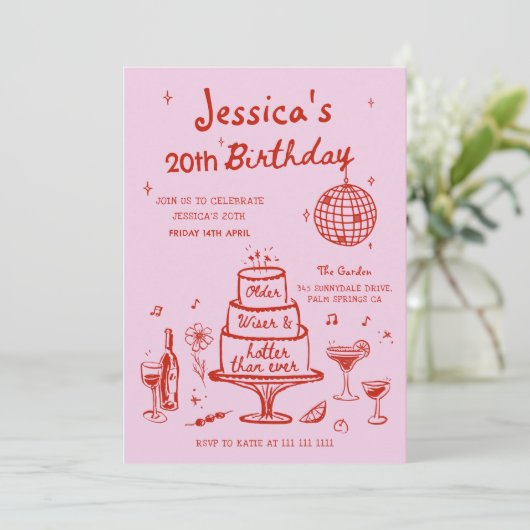 ピンクお洒落の手描きファンキー誕生日パーティー 招待状 (スタンド正面)