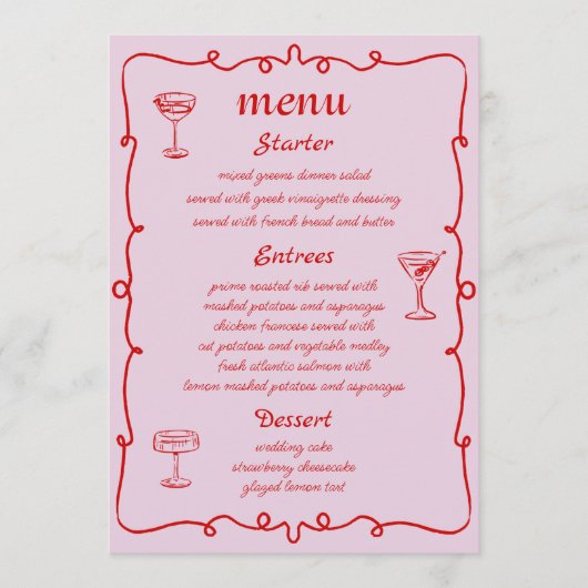 ピンクお洒落の手描きフランスののメ結婚ニュー メニュー (正面)