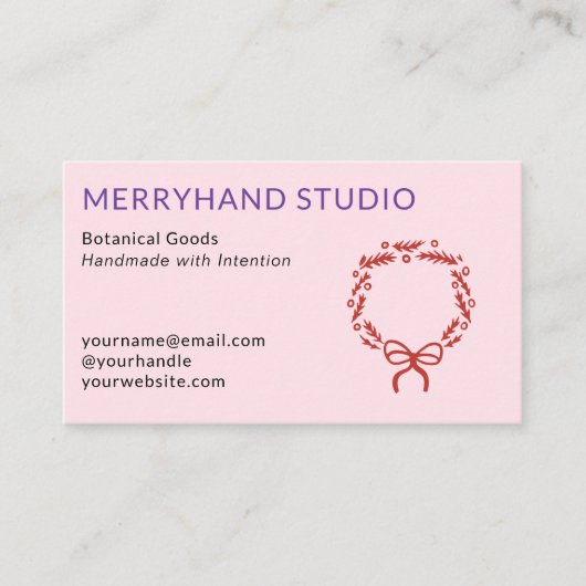 ピンクお洒落の手描きリースクリスマス 名刺 (正面)