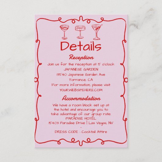 ピンクお洒落の手描きレトロの結婚詳細 エンクロージャーカード (正面)