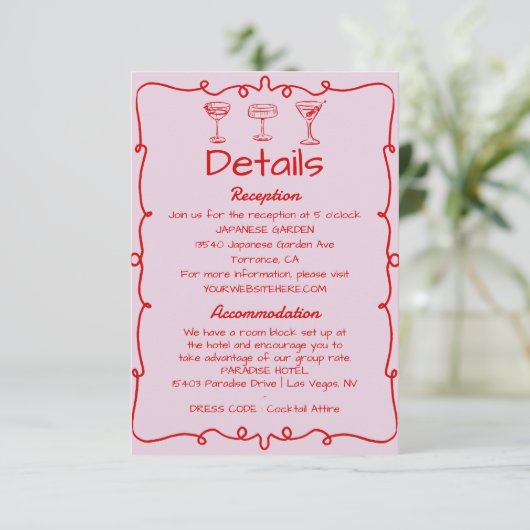 ピンクお洒落の手描きレトロの結婚詳細 エンクロージャーカード (スタンド正面)