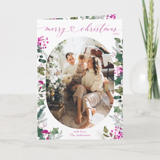 ピンクお洒落の植物写真クリスマス折り カード (正面)