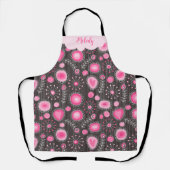 ピンクお洒落の灰色のハートと花のフローラ名 エプロン (正面)